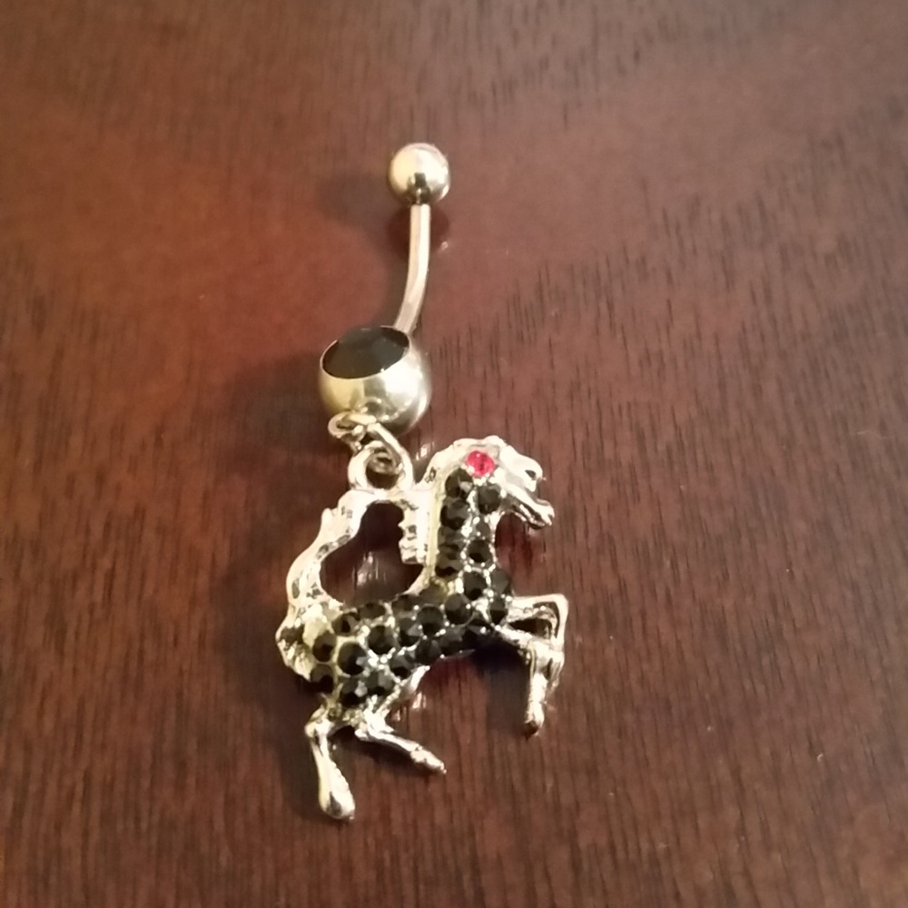 Belly button ring Black jeweled dangle Pony